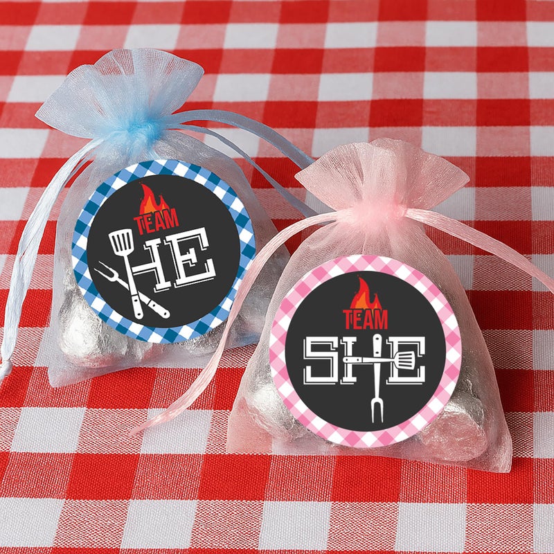DISTINCTIVS Baby Barbecue Gender Reveal Stickers - Pink or Blue Team He or She, Boy or Girl, Baby Q BBQ Decorations - 40 Labels - Image 2